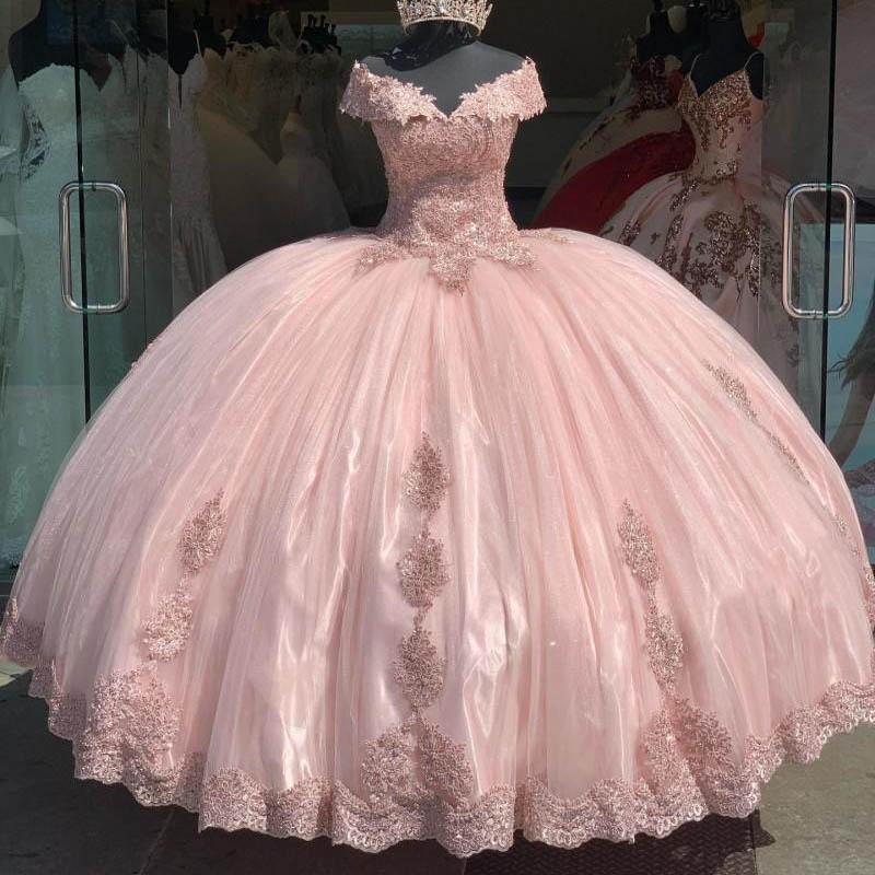 

Light Pink Princess Ball Gown Quinceanera Dresses Off The Shoulder Prom Brithday Party Gowns Sweet 16 Dress Vestidos de 15 años Appliques Lace Beads 2021, Custom made from color chart