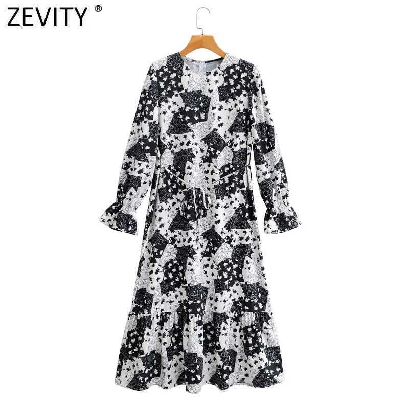 

Zevity Women Elegant O Neck Contrast Color Patchwork Print Hem Ruffles Midi Dress Office Ladies Chic Flare Sleeve Vestido DS4680 210603, As pic ds4680ff