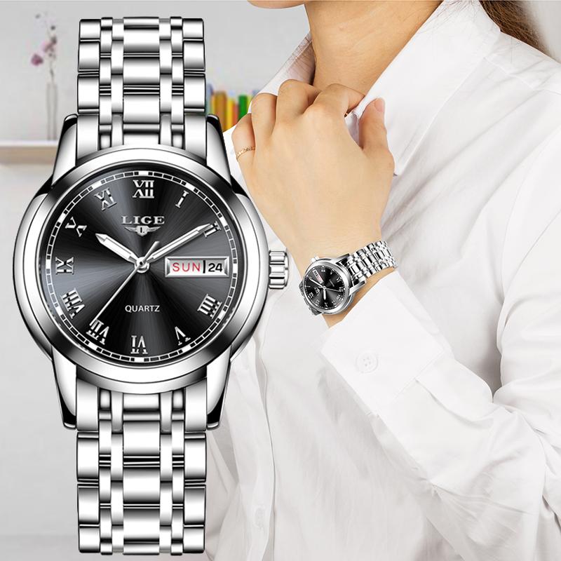 

Wristwatches LIGE Top Quality Ladies Watch Luxury Rose Gold Black Stainless Steel Waterproof Watches Woman Classic Series, Slivery;brown