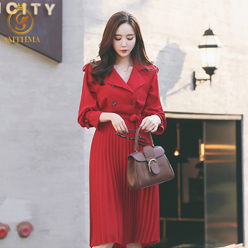

Korean Chic Style Double Breasted Women Pleats Dresses Elegant Female Turndown Collar Mid-Length Wear to Business Vestidos 210520, Photo color