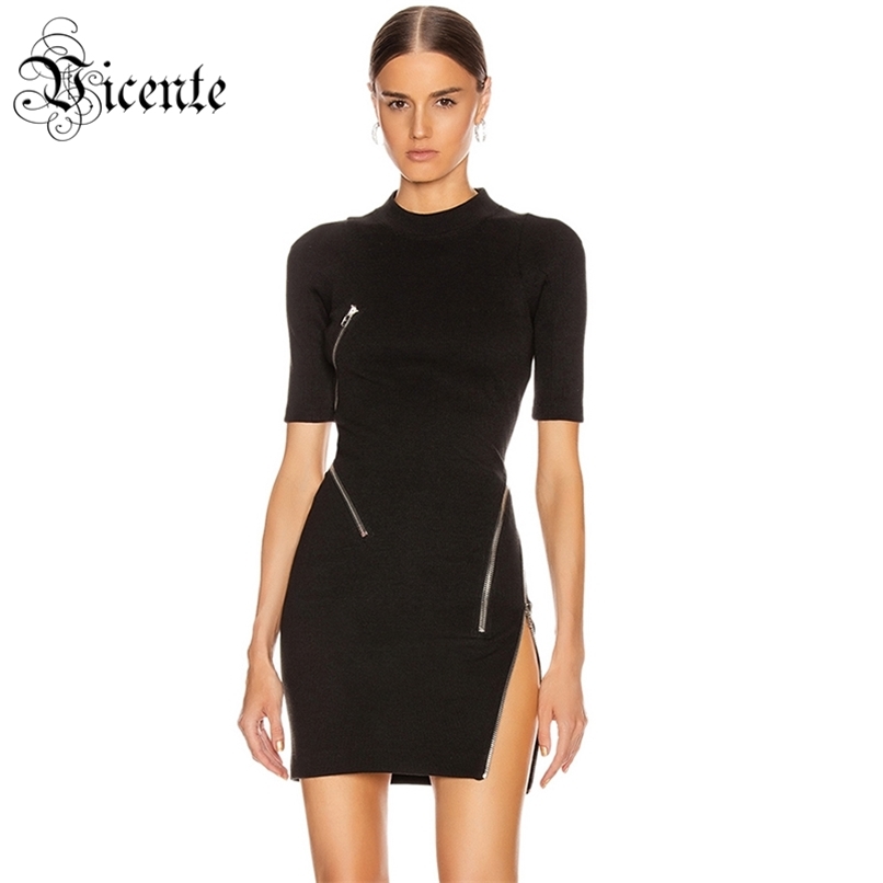 

Trendy Zipper Design Short Sleeves Black Bandage Mini Dress Celebrity Party Wear Vestido 210520
