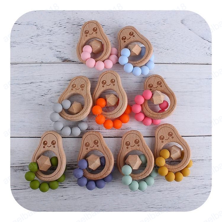 

Baby Teether DIY Silicone wooden Avocado Teethers Cartoon Wood Teething Ring Chewable Toys Soother Infant Feeding