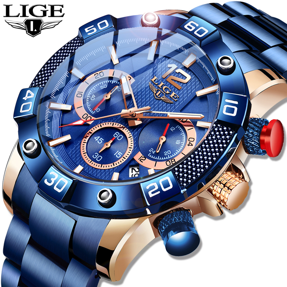 

LIGE 2021 New Fashion Blue Mens Watches Top Brand Luxury Clock Sports Chronograph Waterproof Quartz Watch Men Relogio Masculinog, Rose gold blue