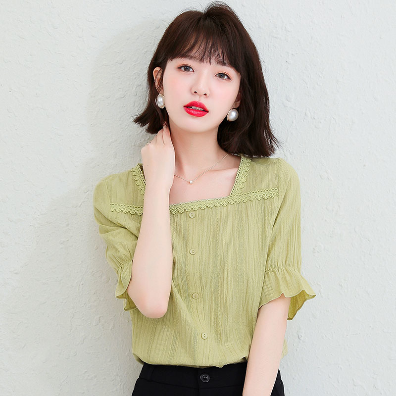 

Lucyever Summer Lace Square-nech Chiffon Blouse Women Casual Flare Short Sleeve Shirts Woman Wild Solid Color Tops Ladies 210521, Tu pian se
