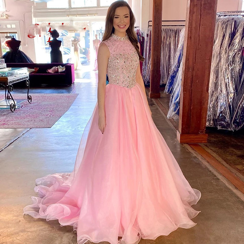 

Pink Long Evening Dresses Party A Line Beaded Tulle Dinner Plus Size Girl Prom Formal Gowns, Red