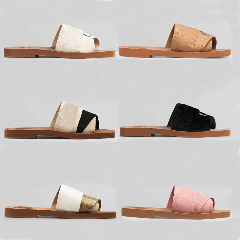 

Women Designer Woody Flat Sandal lettering Slippers calfskin Canvas cross straps Shoes Summer Beach Sex flip flops Top Quality With Box 290, Color 1
