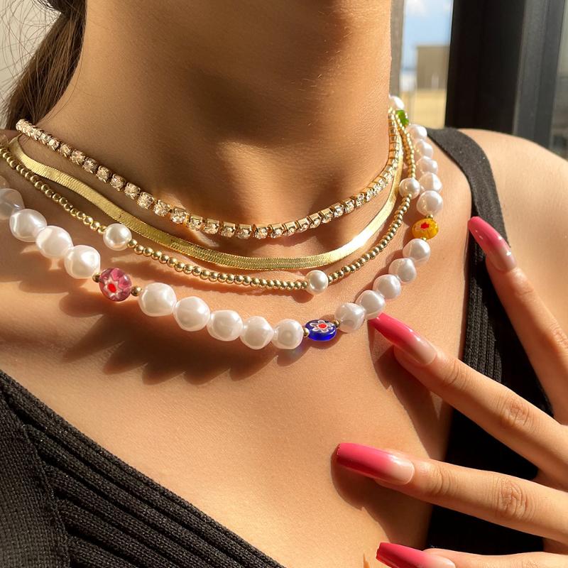 

Chokers Multi Layered Colorful Printing Glazed Glass Beaded Necklace For Women Baroque Pearl Snake Chain Crystal Choker Boho Jewelry