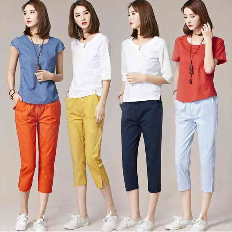 

pure cotton women capris female summer comfortable womens pants woman pencil open fork pants, Black;white