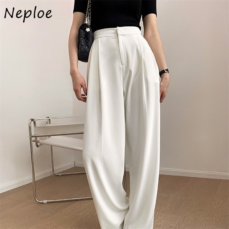 High Waist Hip Button Deisgn Straight Pants Women Solid Spring Summer Simple Trousers All Match Pantalones Mujer 210422Z