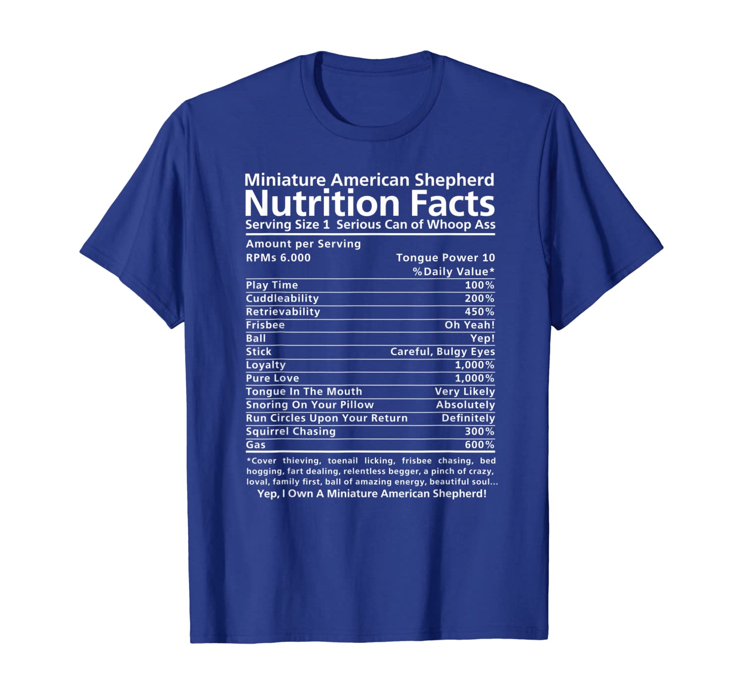 

Miniature American Shepherd Shirt | Funny Nutrition Facts, White;black