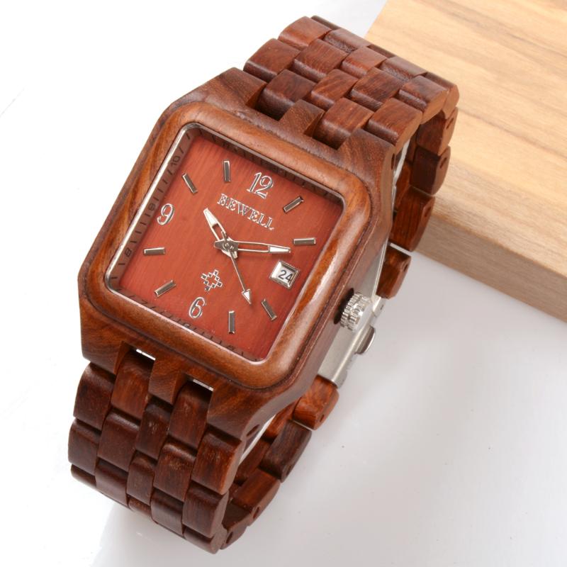 

Wristwatches BEWELL Men's Watch Wood Design Wooden Square Dial Automatic Date Box Rectangular Men 111A, Red