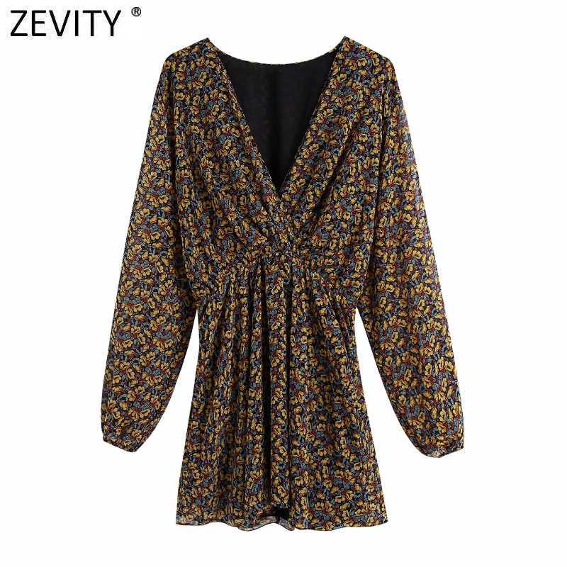 

Zevity Women Vintage V Neck Floral Print Elastic Waist Kimono Dress Office Ladies Long Sleeve Casual Slim Party Vestido DS4725 210603, As pic ds4725bb