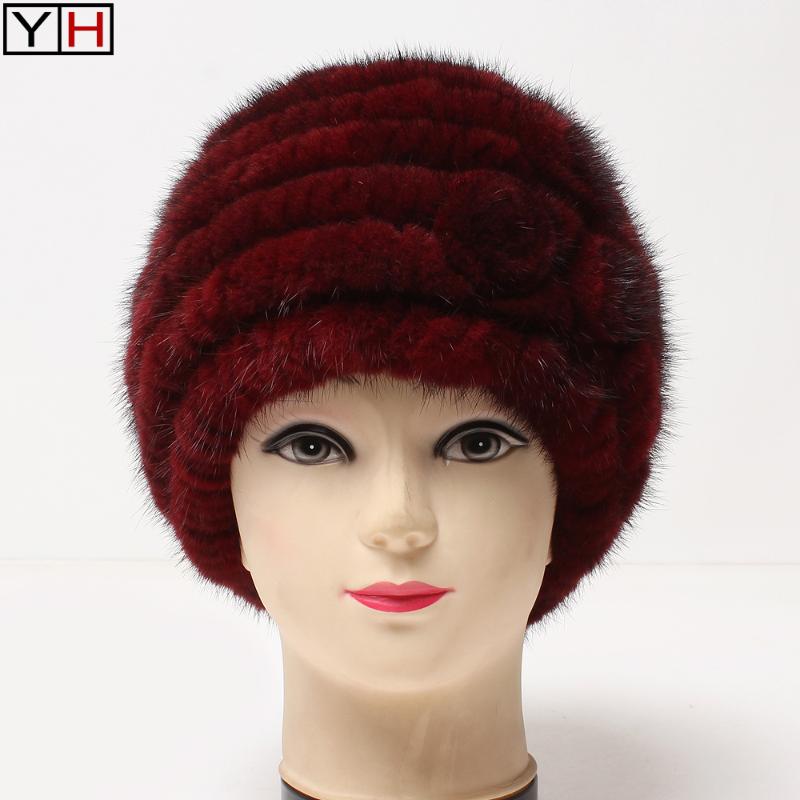 

Russia Women Winter Warm Genuine Hat Fashion Knitted Real / 3 Flowers Lady Elegant Natural Caps Beanie/Skull, Blue;gray