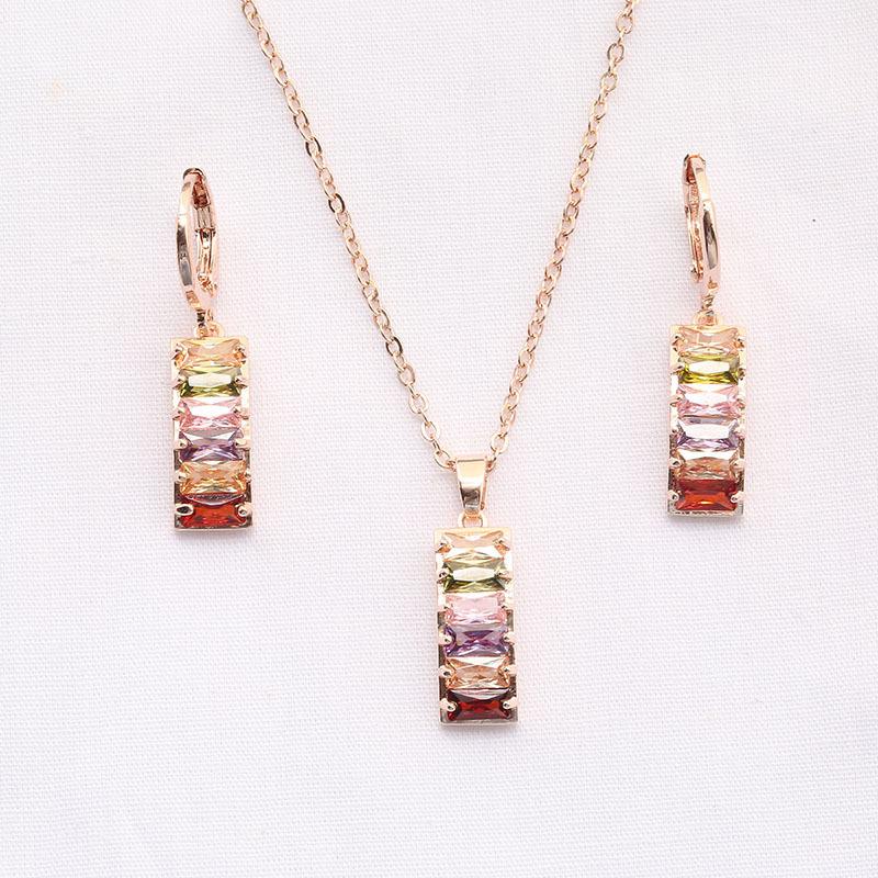 

Earrings & Necklace Strip Jewelry Set For Women Rainbow Crystal Zircon Rose Gold Color Wedding Jewellery Kpop Accessories KCS198, Silver