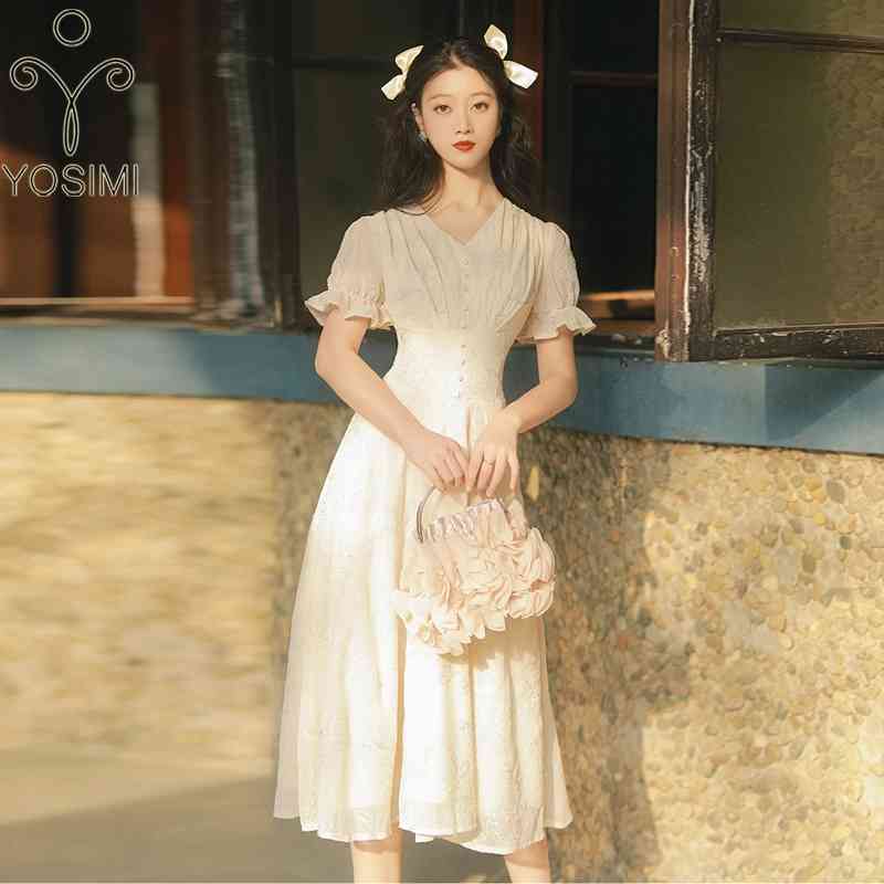 

YOSIMI Beige Long Dres Summer Short Sleeve V-neck Fit and Flare Mid-calf Embroidery Jacquard Empire A-line Dresses 210604