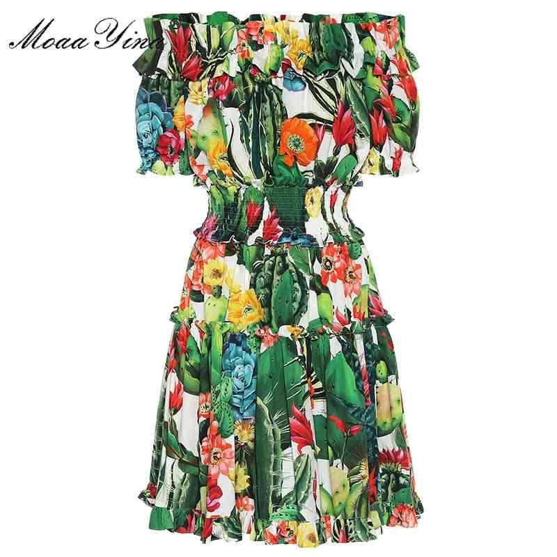 

Fashion Designer Runway Cotton Dress Summer Women Short sleeve Cactus Floral Print Elastic waist Elegant 210524, Multi
