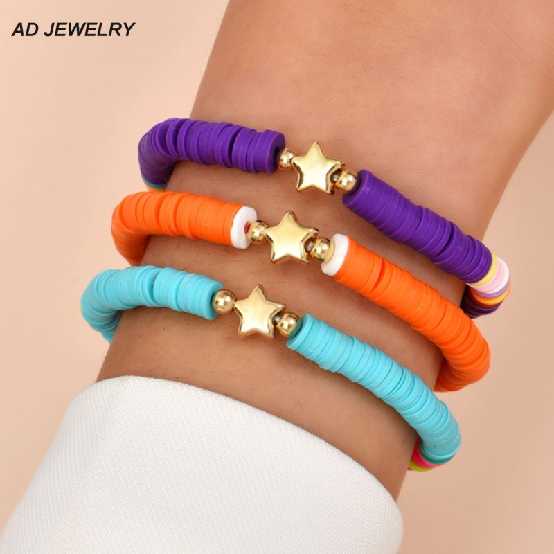 Gold Plated Zinc Alloy Star Charm Bracelets Jewelry Rainbow Color Vinyl Heishi Disc Beads Strands Stretch Bracelet-image-755818016