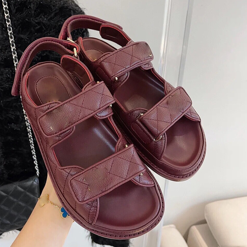 

Luxury Designer Casual Womens Sandals Fashion Classic Checkered shoes Soft Leather Platform Beach Women shoe Slipper Velcro Sandal With box, Black