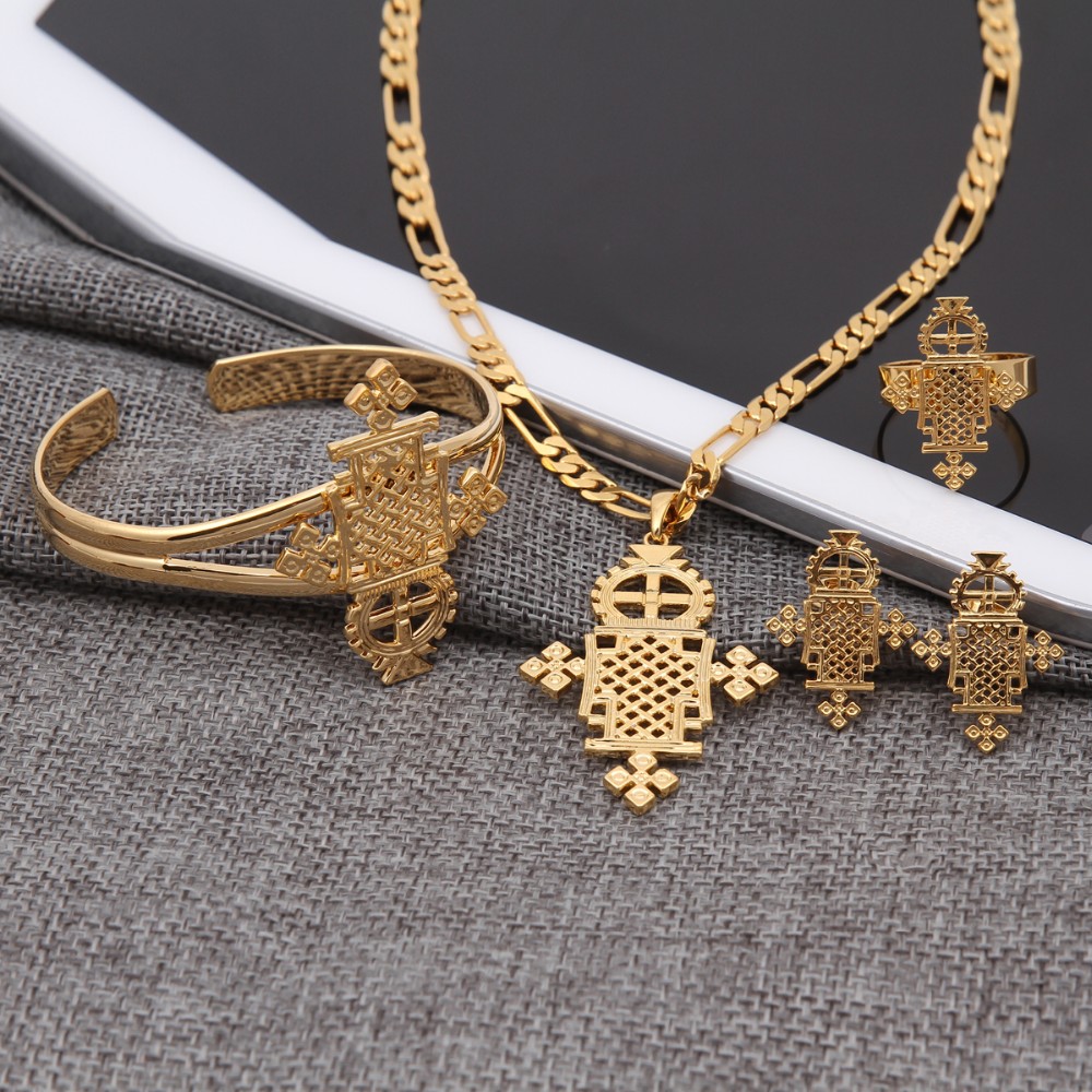 Arrival Ethiopian Jewelry Sets bangle pendant Earring 18k Solid Gold Ring Figaro Chain African /Ethiopian /Eritrean-image-678464678