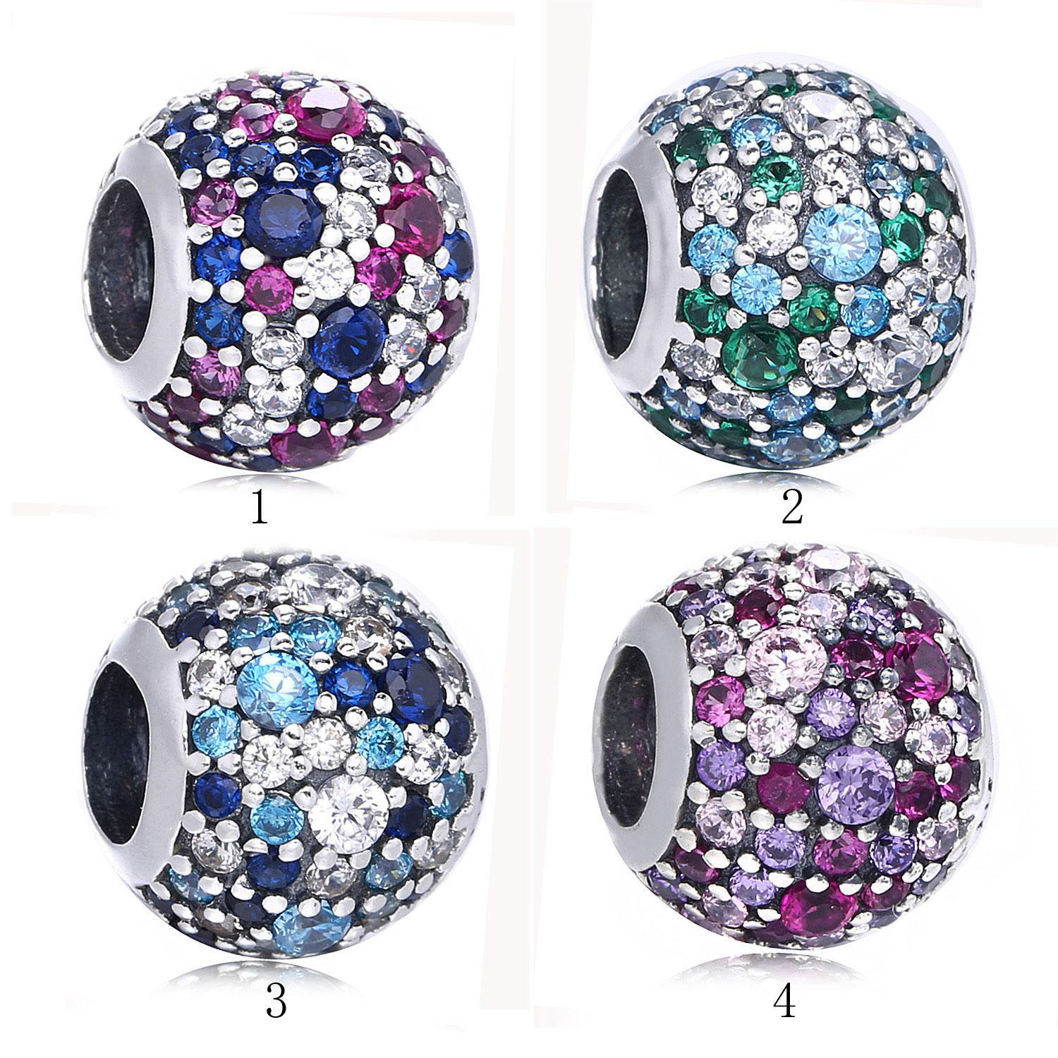 

925 Sterling Silver Pave Ball with Multi-Colored Cz Charm Bead For European Style Jewelry Bracelets and Necklaces