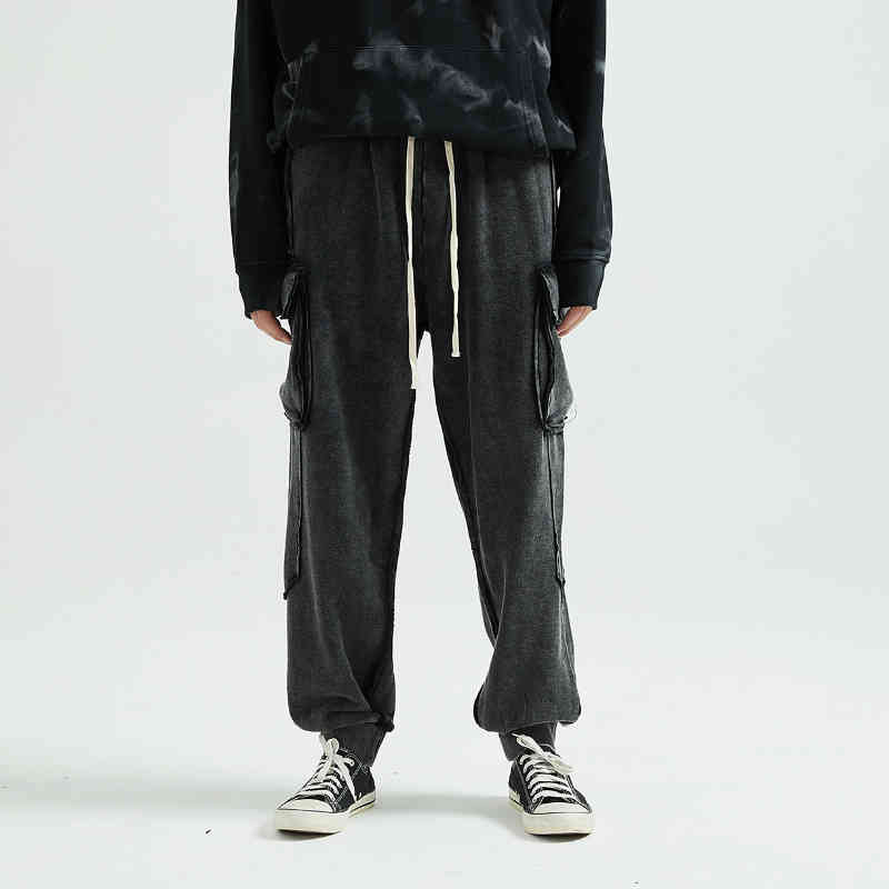 

Distressed Black Ankle-length Terry Cargo Pants Men Autumn Streetwear dongguan_ss