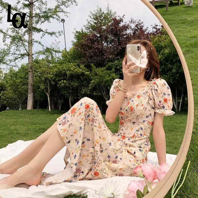 

French Retro Print Floral Dress Women Elegant Casual High Street Temperament Party Midi 210519, Mixed