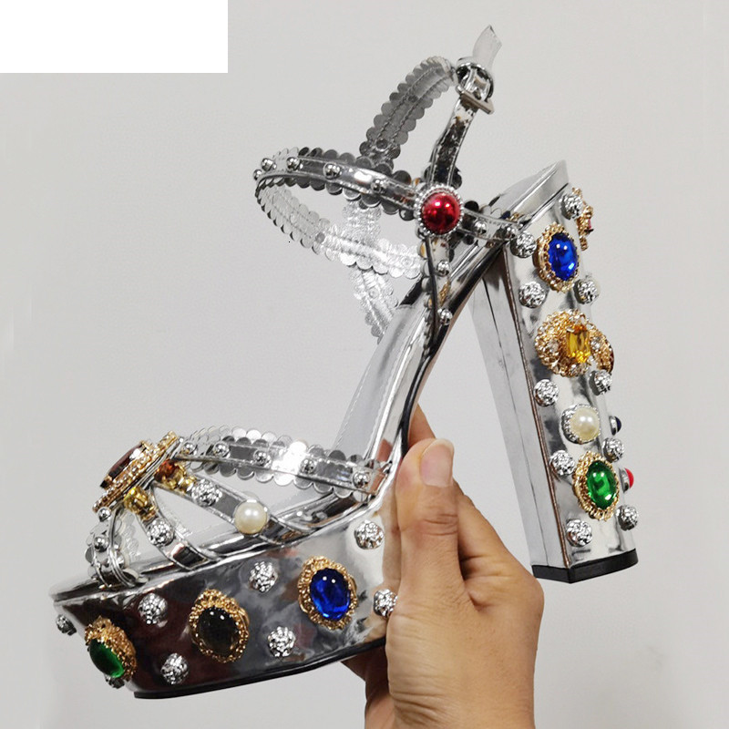 

Sandals Luxury Diamond Metallic Leather Platform Women Chunky Super High Heel Rhinestone Sandalias Summer Sexy Party Shoes 2021 ZE, Silver