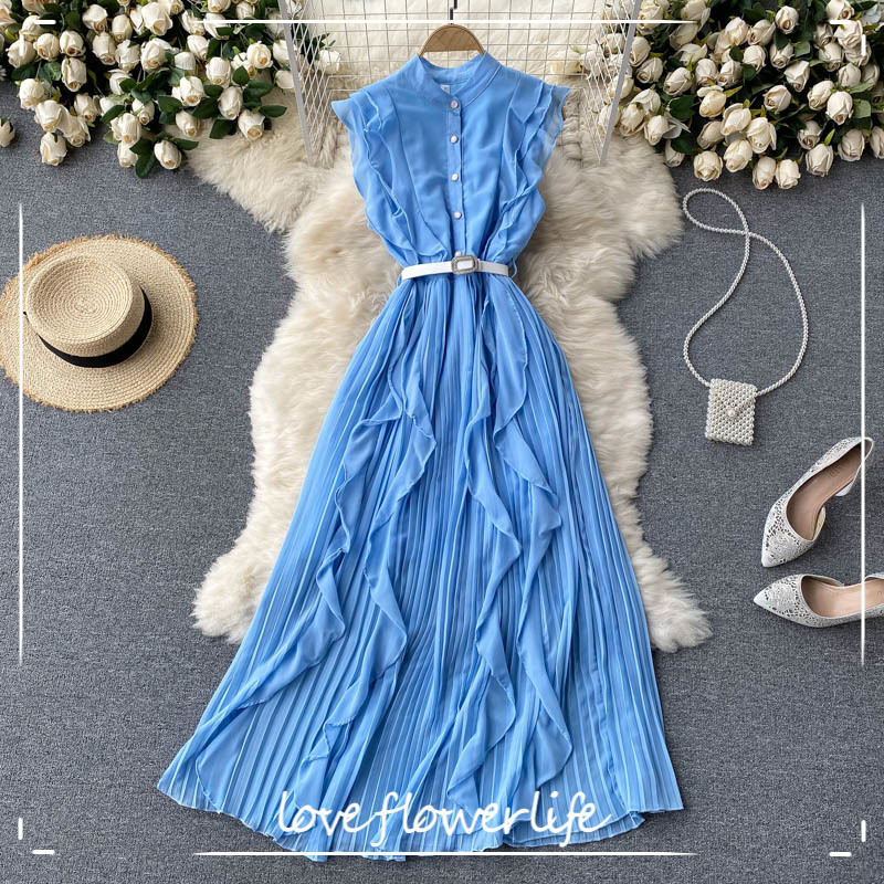 

Sweet Ruffles Sleeveless Belt A-line Dresses Summer Fashion Casual Vacation Long Sundress Women Korean Pleated Dress 210521, Yellow