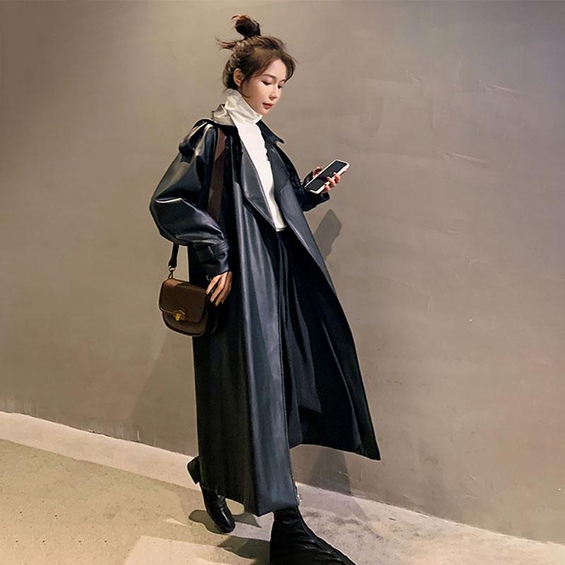 

Women's Leather & Faux Winter Jacket Overcoat Black Oversized PU Jackets Coat Locomotives Spring Autumn Women Long Korean Coats