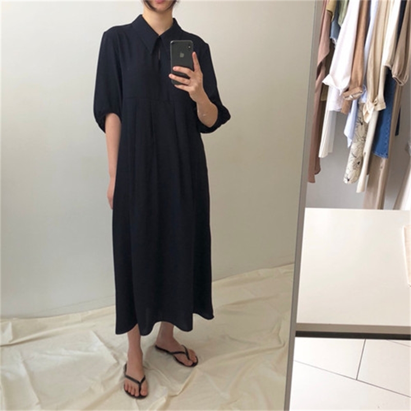 loose collar plus size Summer Girls dress Boho party Female solid blue short Sleeve Long Women Dresses Robe Vestido 210417Z