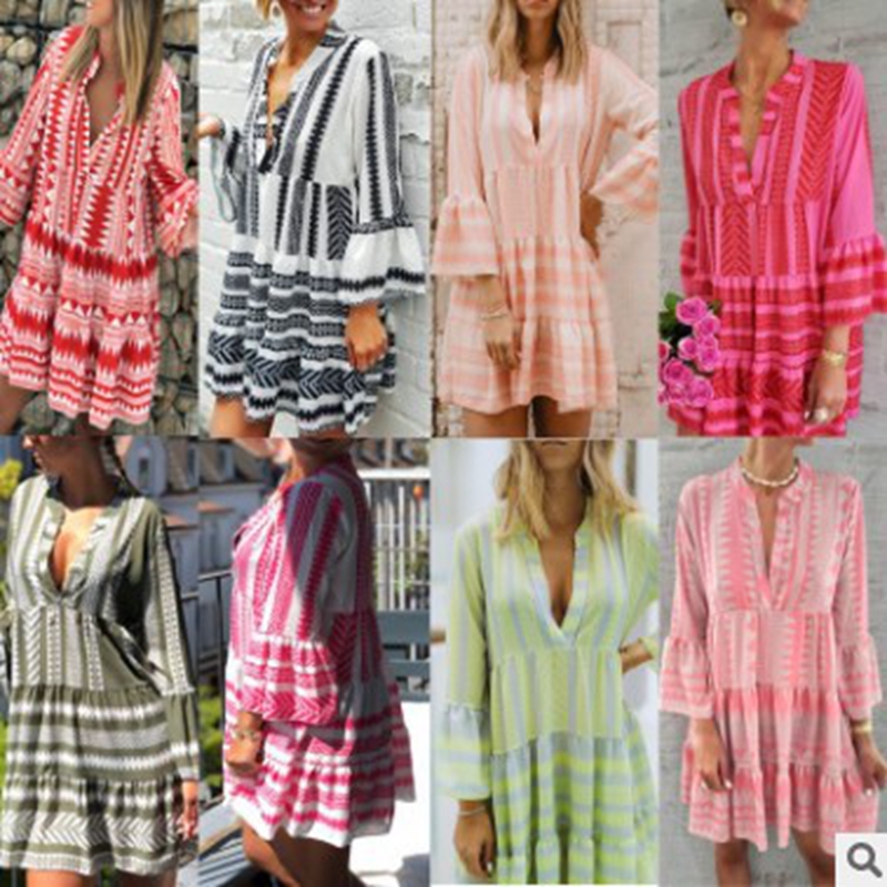 

Dresses 2021 printed dress loose European and American fashion V-neck chiffon pleated skirt