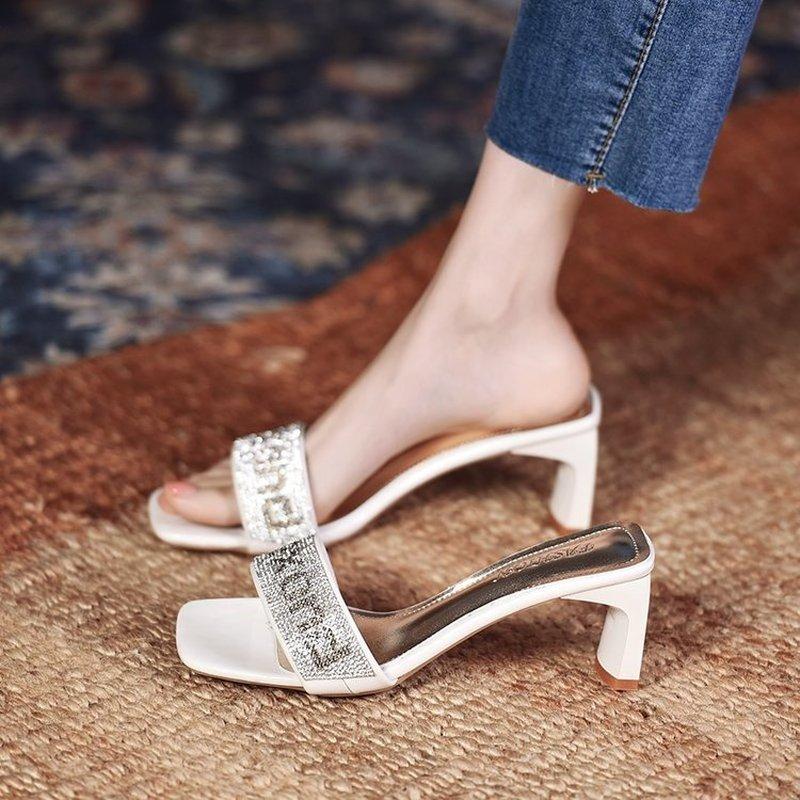 

Silver Rhinestone High Heels Womens Slippers Elegant Square Heel Peep-Toe Low-Heeled Sandals Designer Hollow Ladies Slides Dress Shoes, Beige