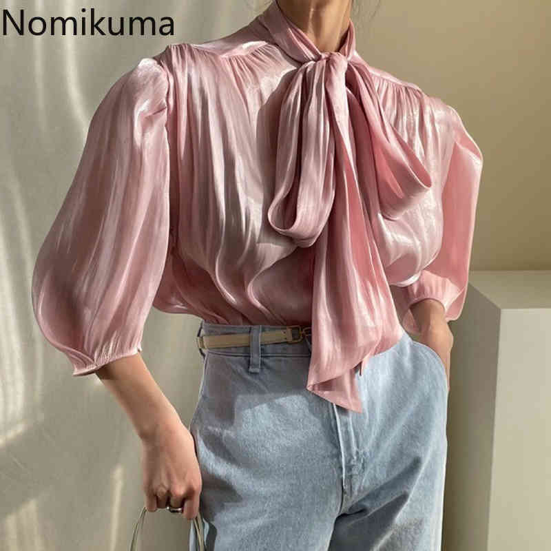 Nomikuma Korean Bow Tie Collar Women Blouses 3/4 Puff Sleeve Elegant Pleated Shirt Spring Summer New Blusas Mujer 6F648 210427