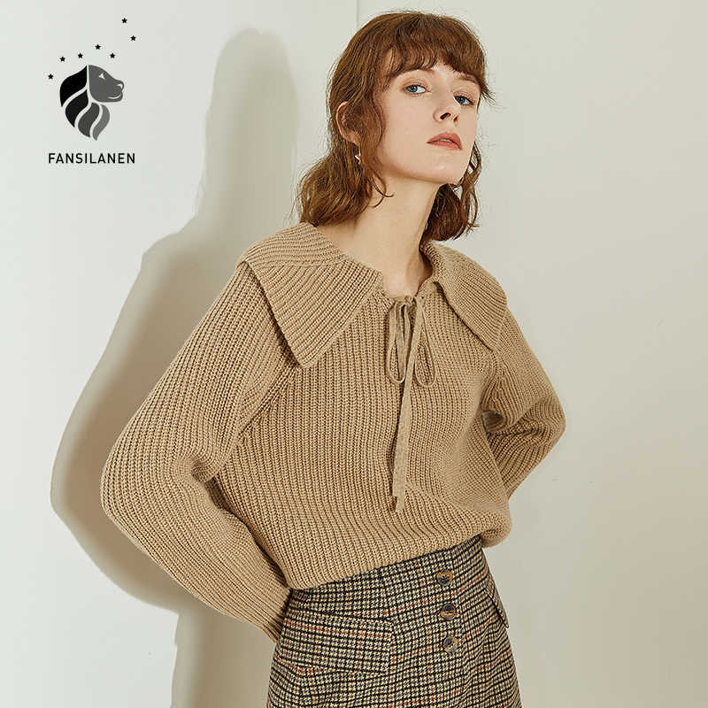 

FANSILANEN Lace up casual oversize pullover Women long sleeve black knitted sweater top Vintage autumn winter female jumper 210607, Khaki
