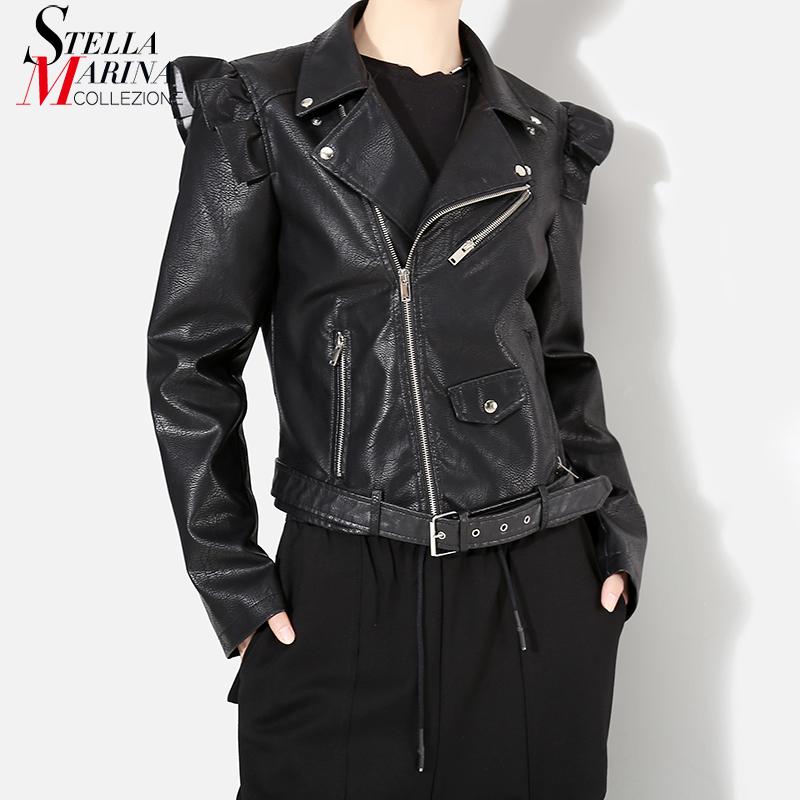 

Women's Leather & Faux 2021 Korean Style Women Black Jacket Coat Long Sleeve Zipper Punk Female Casual Short 7