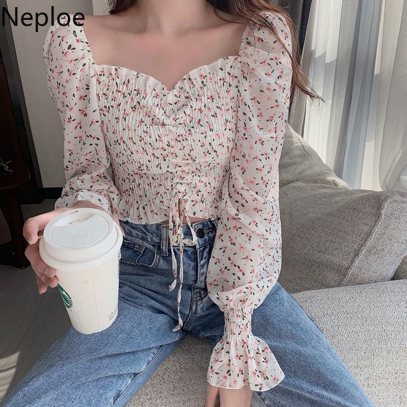 Neploe Women's Blouse Spring Long Puff Sleeve Square Collar Chiffon Crop Tops Korean Ruffles Pleated Drawstring Floral Shirt 210422