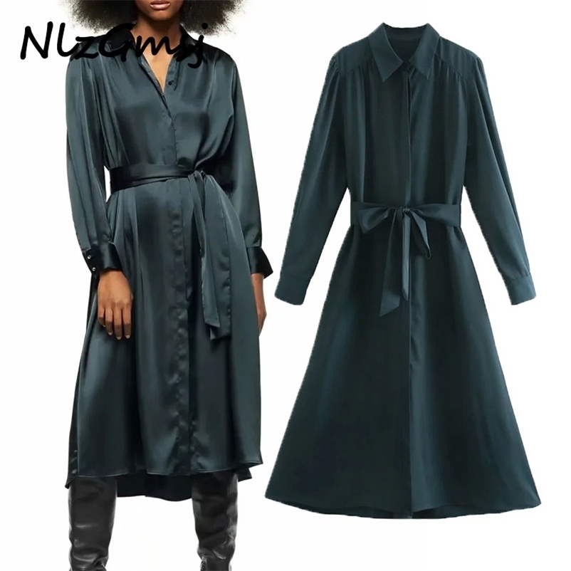 

Dres Summer Fashion Long Sleeve Sash Modern Lady Mid-Calf Vestido Party 04 210628, As picture
