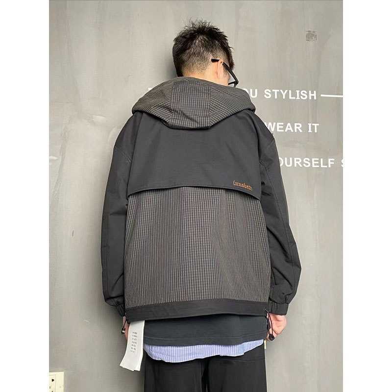 

2021 autumn new design trendy Plaid stitched hooded jacket for young men, Black;brown