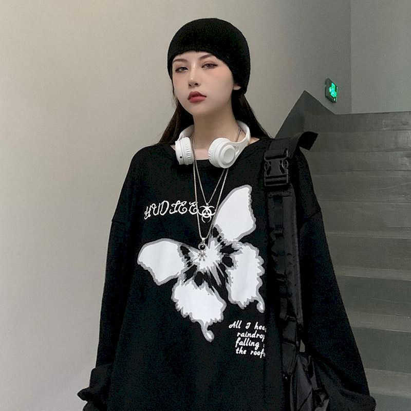

Sweatshirt women's autumn thin section Korean version Harajuku retro loose round neck long sleeve top women 210526, White