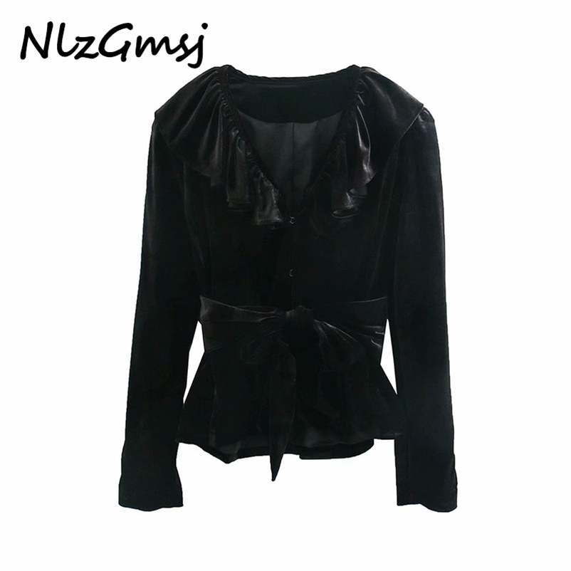

Blazer Women Vintage Elegant Bow Sashes Velvet Fashion Ruffles V-Neck Coats Female Chic Outerwear 210628, As picture