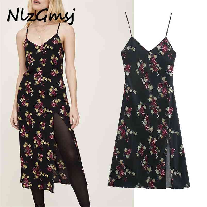 

Dres Elegant Print Split Sling Chic Backless es Summer Vintage Spaghetti Strap 210628, As picture