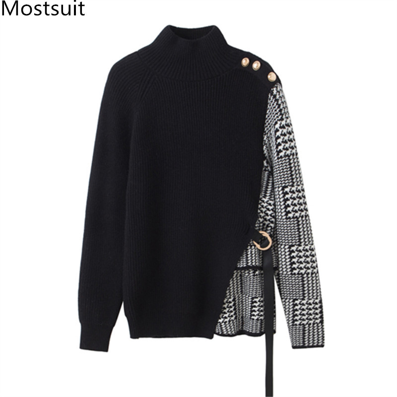 

Women Houndstooth Patchwork Pullover Sweater Full Sleeve Half-turtleneck Buttons Korean Fashion Office Tops Sweaters 210518, Black