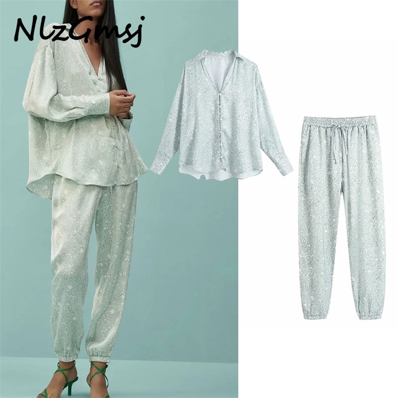 

Two Piece Set Women Spring Blouse+Pant Floral Print Summer Shirt and Trousers for Sets 05 210628, As picture