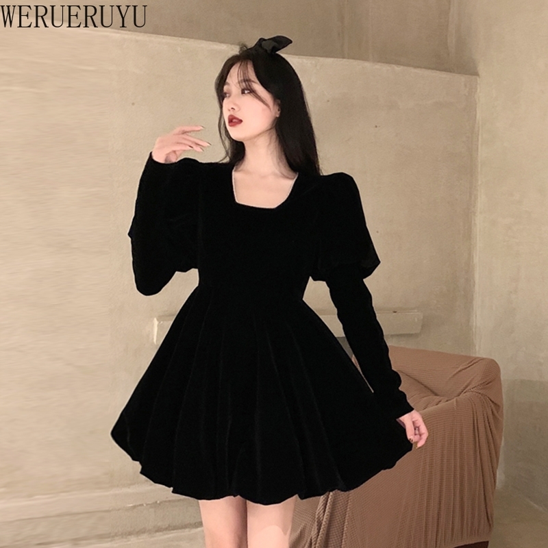 

WERUERUYU Sexy Black Dress Women O-Neck High Waist Plus A-Line Dresses 210608, Photo color