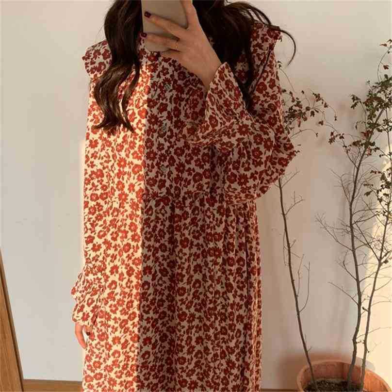 

Red Women Printed Florals Ruffles Chic High Waist All Match A-Line Stylish Streetwear Long Dresses 210525, Photo color