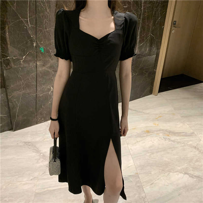 Two Piece Dress Vintage Square Collar Summer Black Women Short Sleeve Casual Party High Waist Sexy French Long Split 2021 Z345 IXO-image-701646304