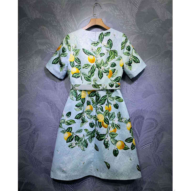 dress Seqinyy blue jacquard 2021 summer fashion design female runway beading lemon fruit leaf impression at knee belt height-image-677680710