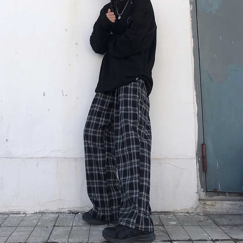 

Vintage Punk Harajuku Plaid Hip Hop Casual Pants Large Size Gothic Loose Straight black style Ins Streetwear Fashion 210608