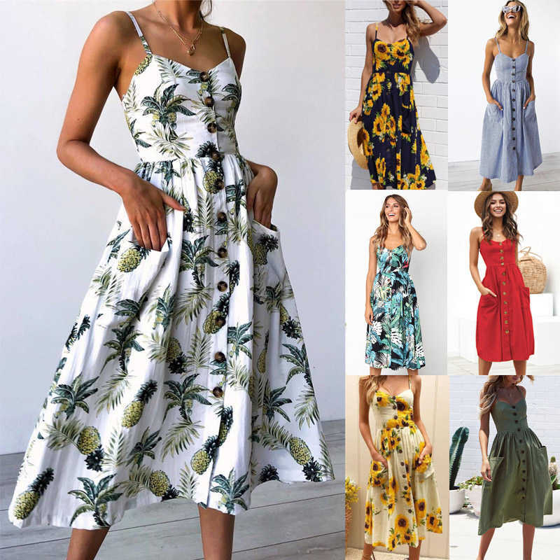 

Vintage Floral Print Midi Sundress Female Casual Button Backless Polka Dot Striped Women Dress Summer Boho Sexy Beach 210526, 8007-red flower