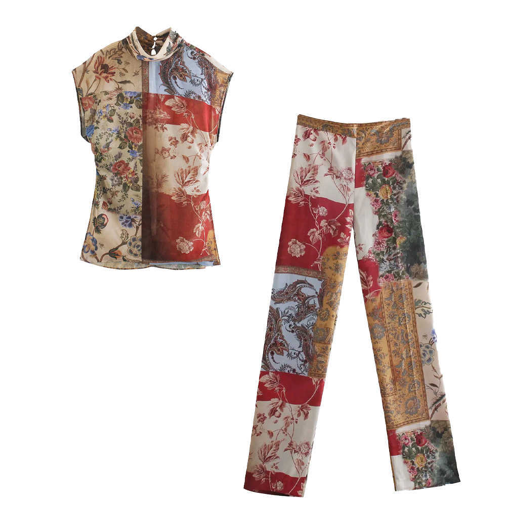 

Women Two Piece Set Semi-sheer Patchwork Shirt Blouse & Wide-leg Trousers Chic Lady Fashion Woman Cozy Outfits 210709